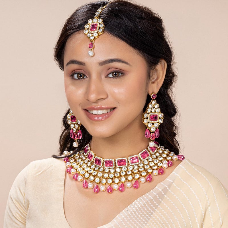 Aheli Kundan and Simulated Colored Stones Maang Tikka Necklace and Earrings Set Indian Festive Fashion Bharatanatyam jewellery set Gift for Women - Image 2